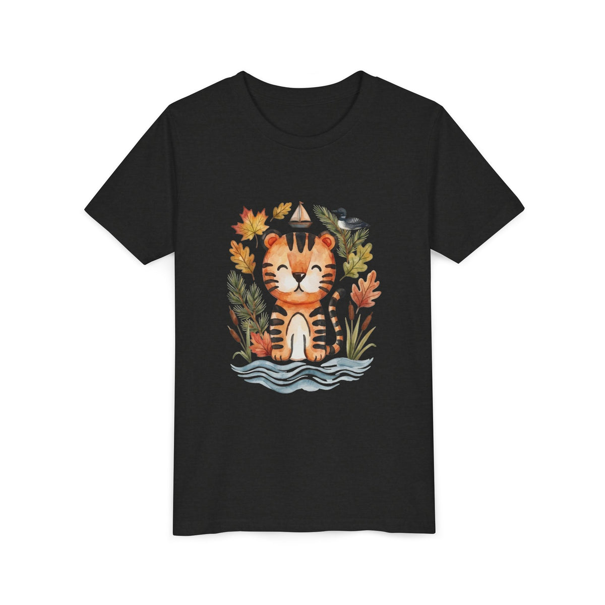 Kids Tiger Lake Ontario Tee — Watercolor Autumn Sailboat & Leaves Youth Short Sleeve Tee
