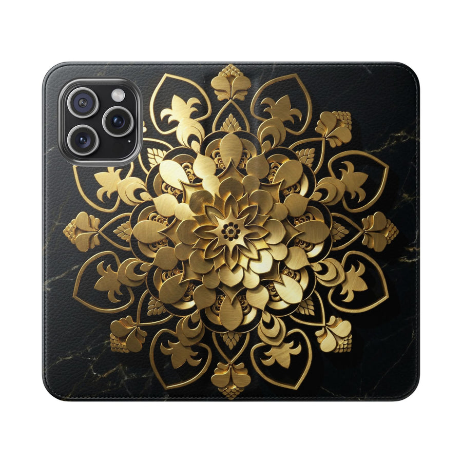 Goldene Mandala-Klapphülle – Luxuriöses Blumen-Portemonnaie-Cover