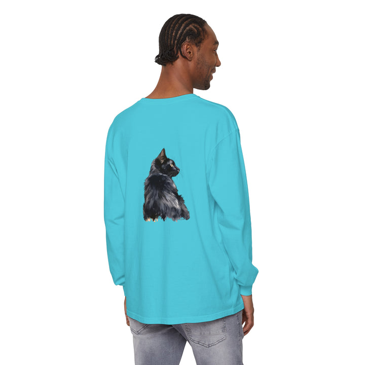 Black Cat Watercolor Long Sleeve T-Shirt with vibrant, hand-painted feline design