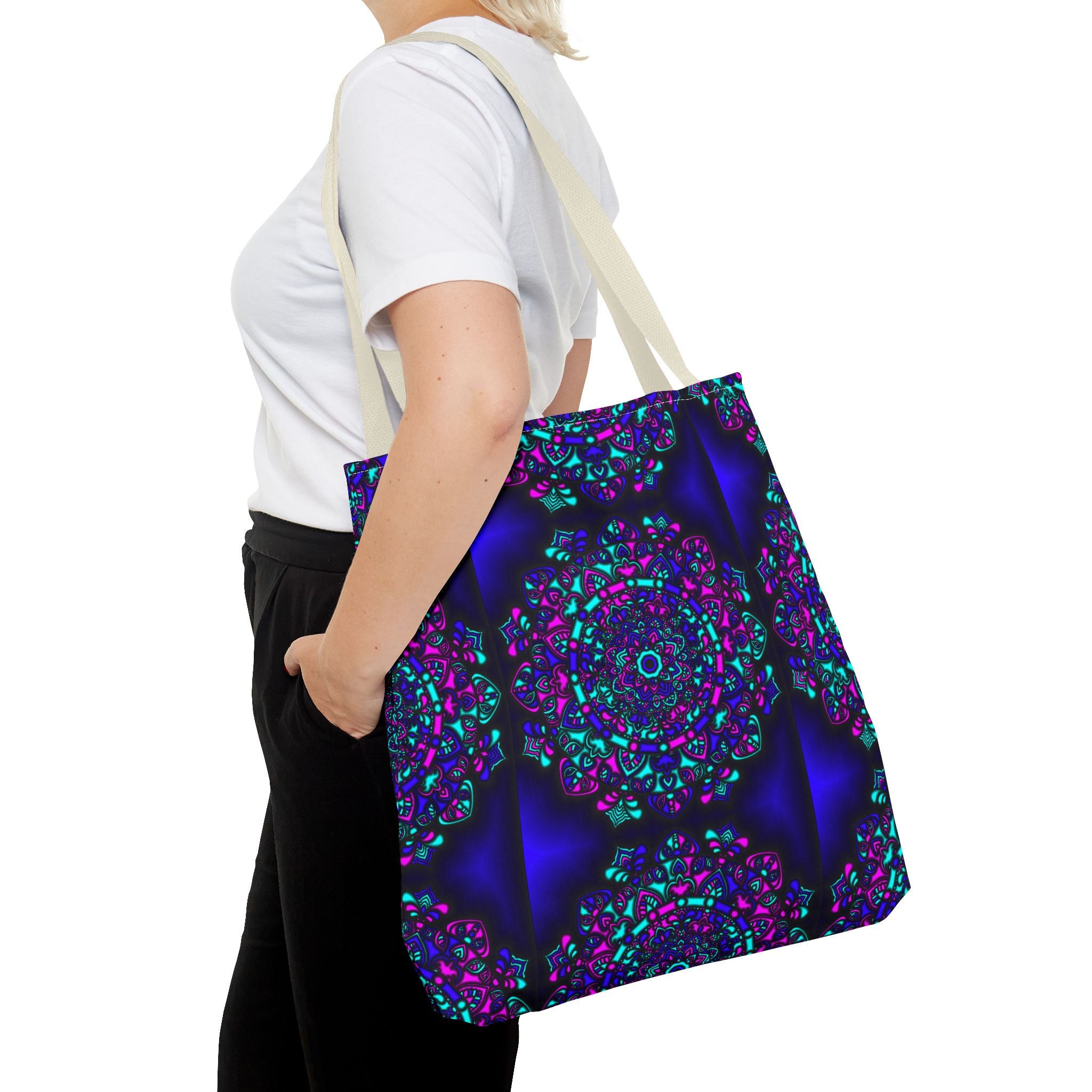 Kaleidoscope Mandala Tote Bag — Vibrant Neon Floral Pattern