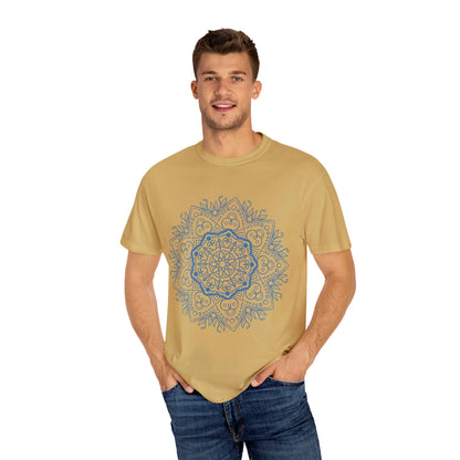 Handmade unisex t-shirt with a intricate mandala design, garment-dyed, and drawn by hand