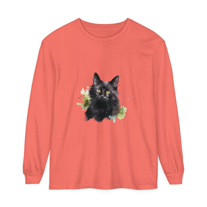 Black Cat Watercolor Splash Long Sleeve T-Shirt featuring a vibrant and artistic design