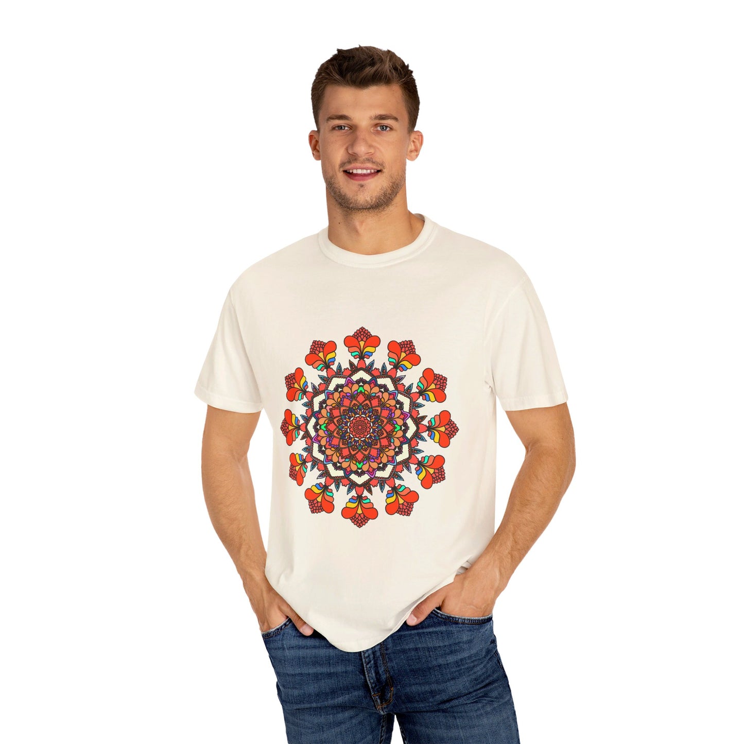 Colorful unisex mandala t-shirt made from 100% ring-spun cotton, hand-drawn mandala art, and garment-dyed for extra comfort