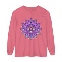 Vibrant purple and gold mandala design on long sleeve t-shirt