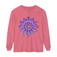 Vibrant purple and gold mandala design on long sleeve t-shirt