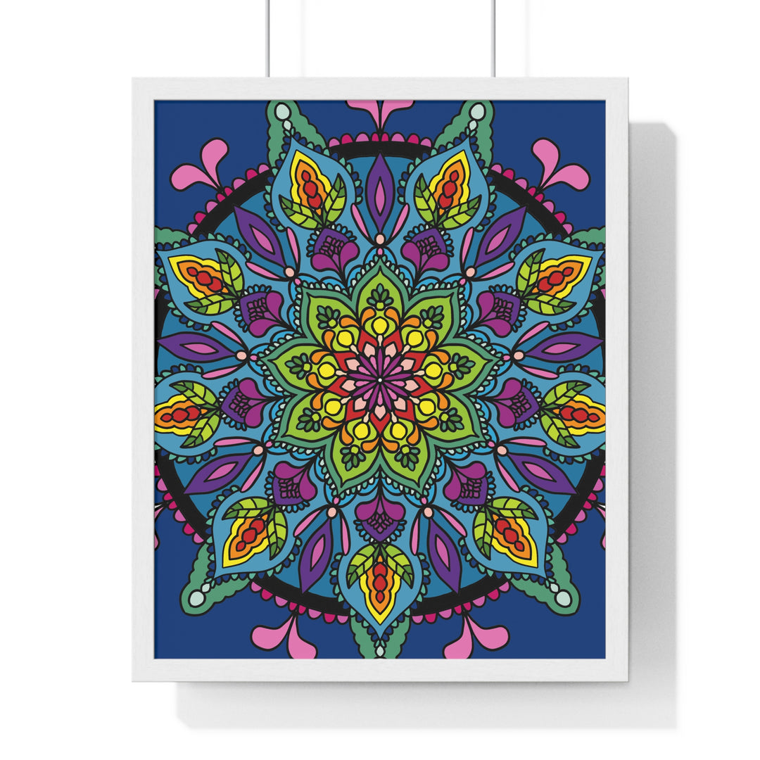 Hand-drawn blue mandala art framed poster, perfect for yoga and mindfulness