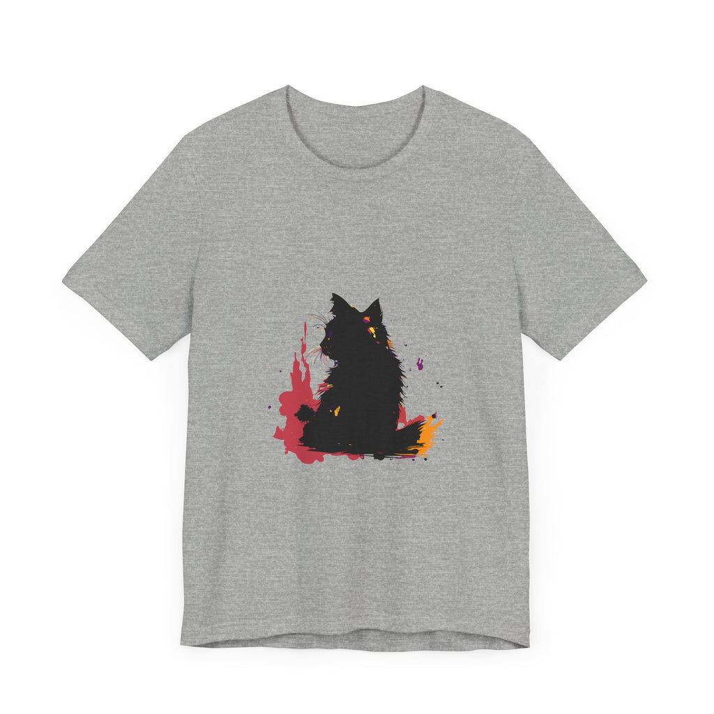 Black Cat Mystery T-Shirt featuring a colorful splatter art design in various vibrant hues, perfect for adding an edgy and unique touch to your wardrobe
