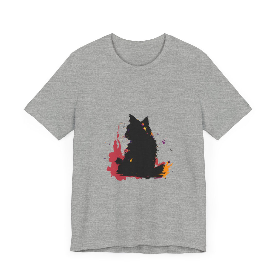 Black Cat Mystery T-Shirt featuring a colorful splatter art design in various vibrant hues, perfect for adding an edgy and unique touch to your wardrobe