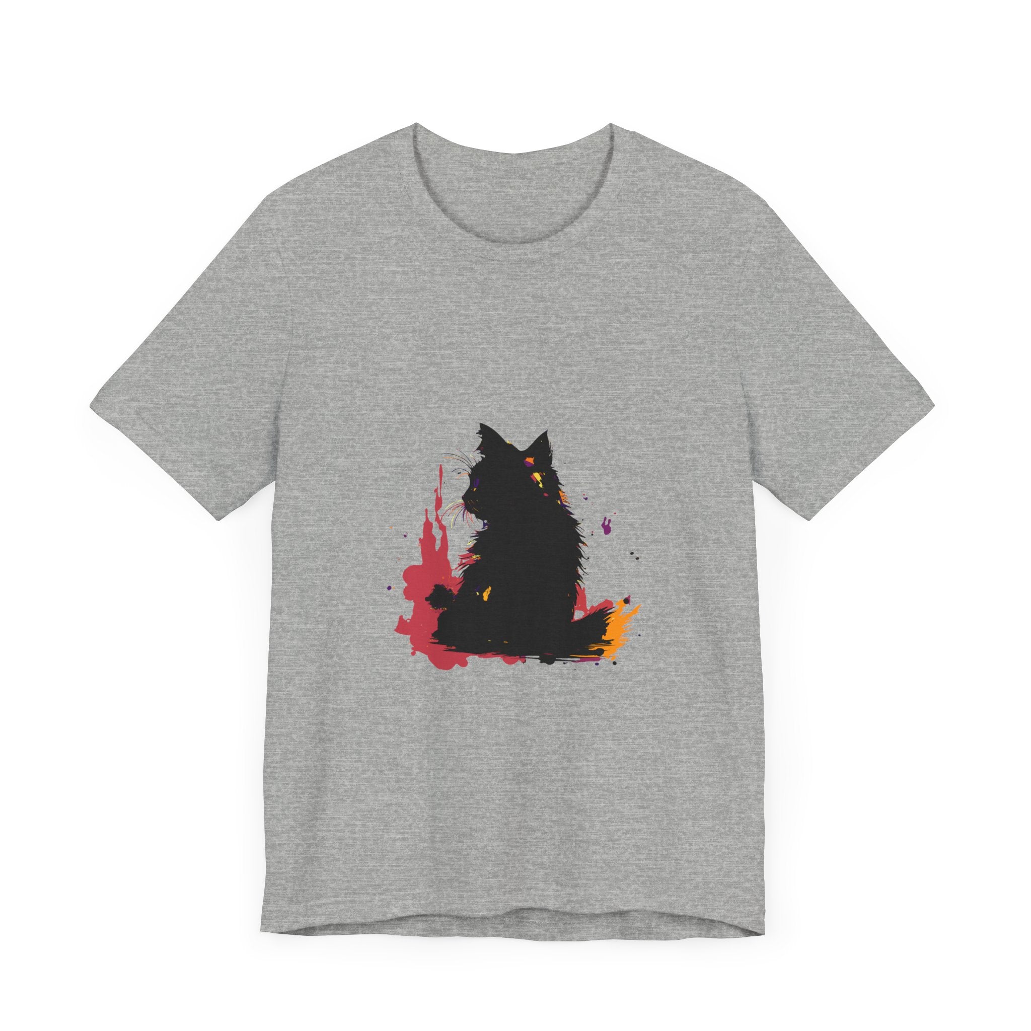 Black Cat Mystery T-Shirt featuring a colorful splatter art design in various vibrant hues, perfect for adding an edgy and unique touch to your wardrobe