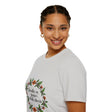 Beautiful floral garland t-shirt with the inspiring message 'Breathe in Peace, Exhale Stress' for a calming and stylish look