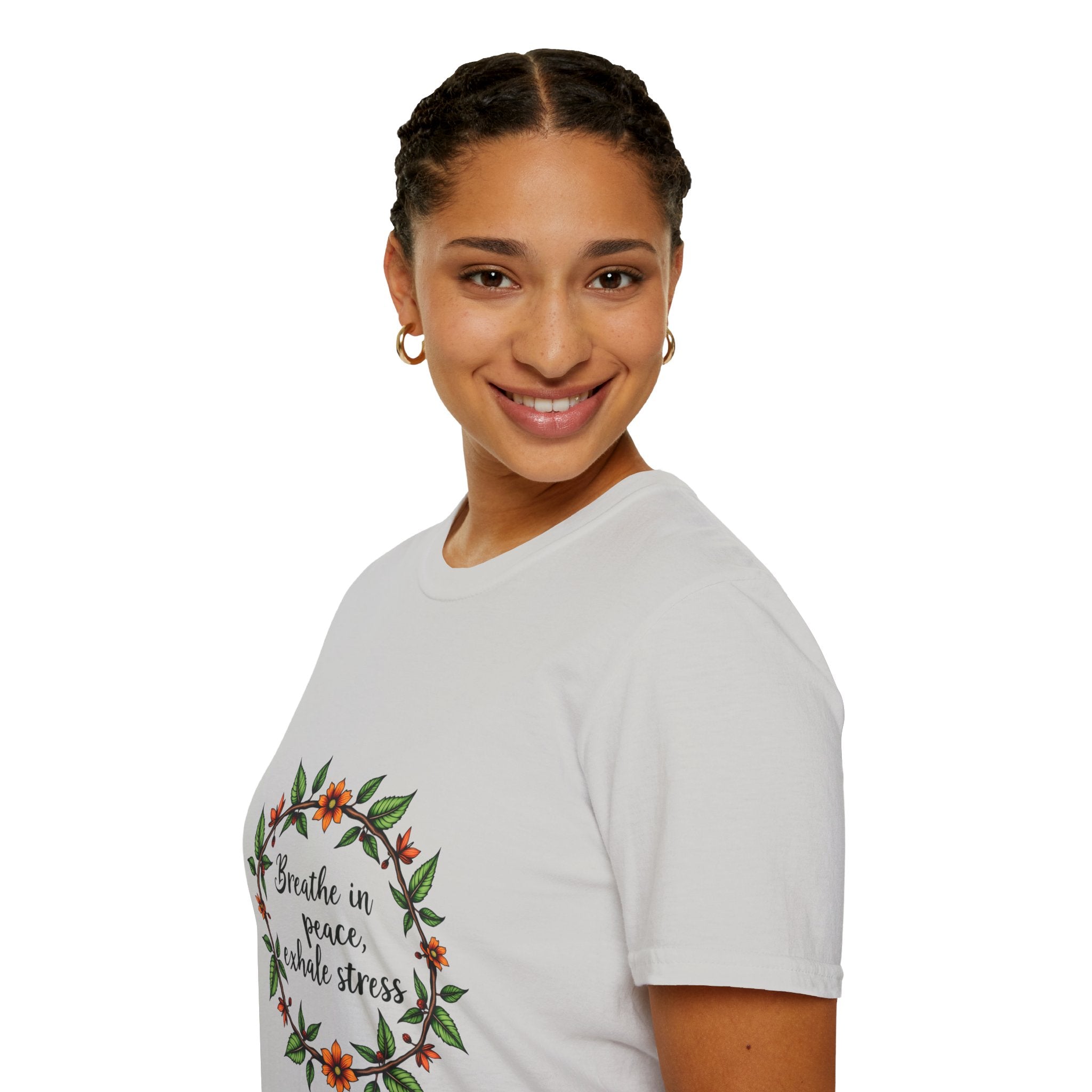 Beautiful floral garland t-shirt with the inspiring message 'Breathe in Peace, Exhale Stress' for a calming and stylish look