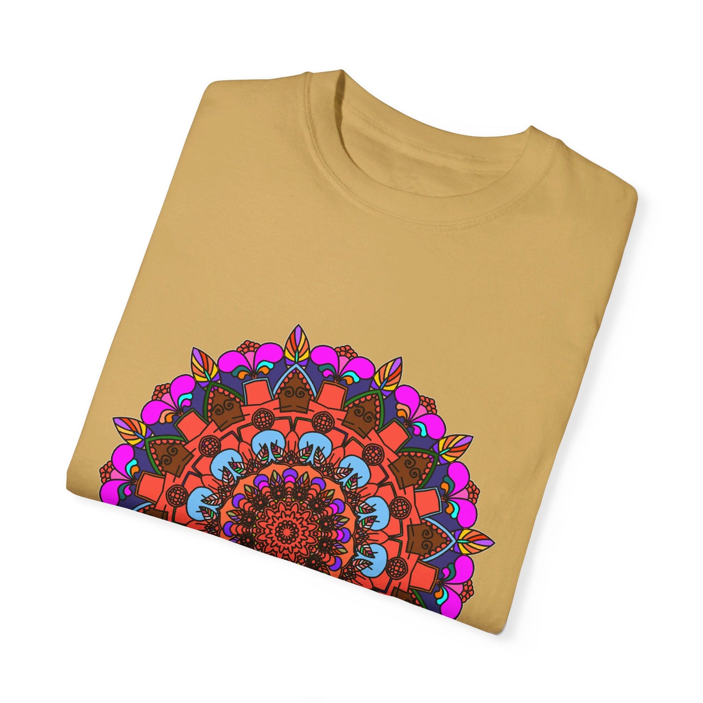 Colorful unisex mandala t-shirt made from 100% ring-spun cotton, hand-drawn mandala art design, and garment-dyed for extra comfort