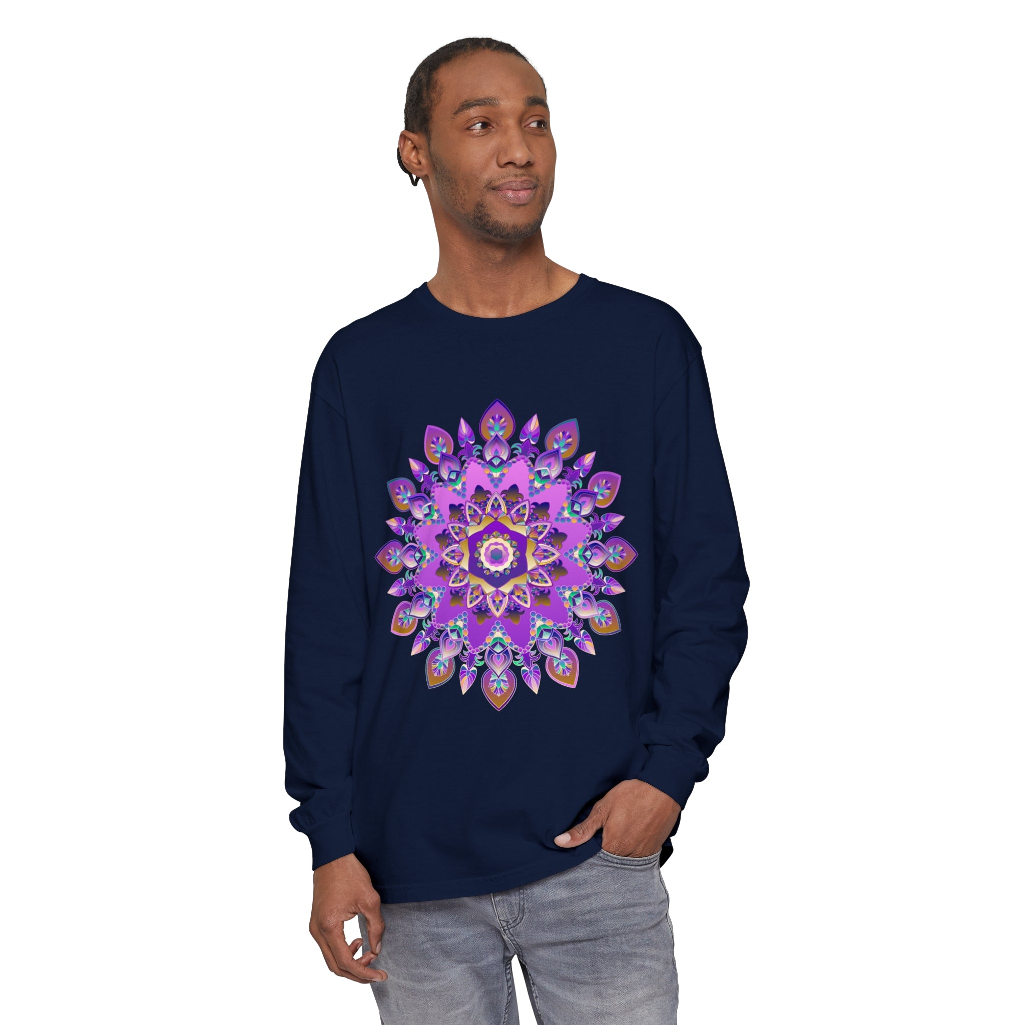 Beautiful purple and gold mandala design on long sleeve t-shirt