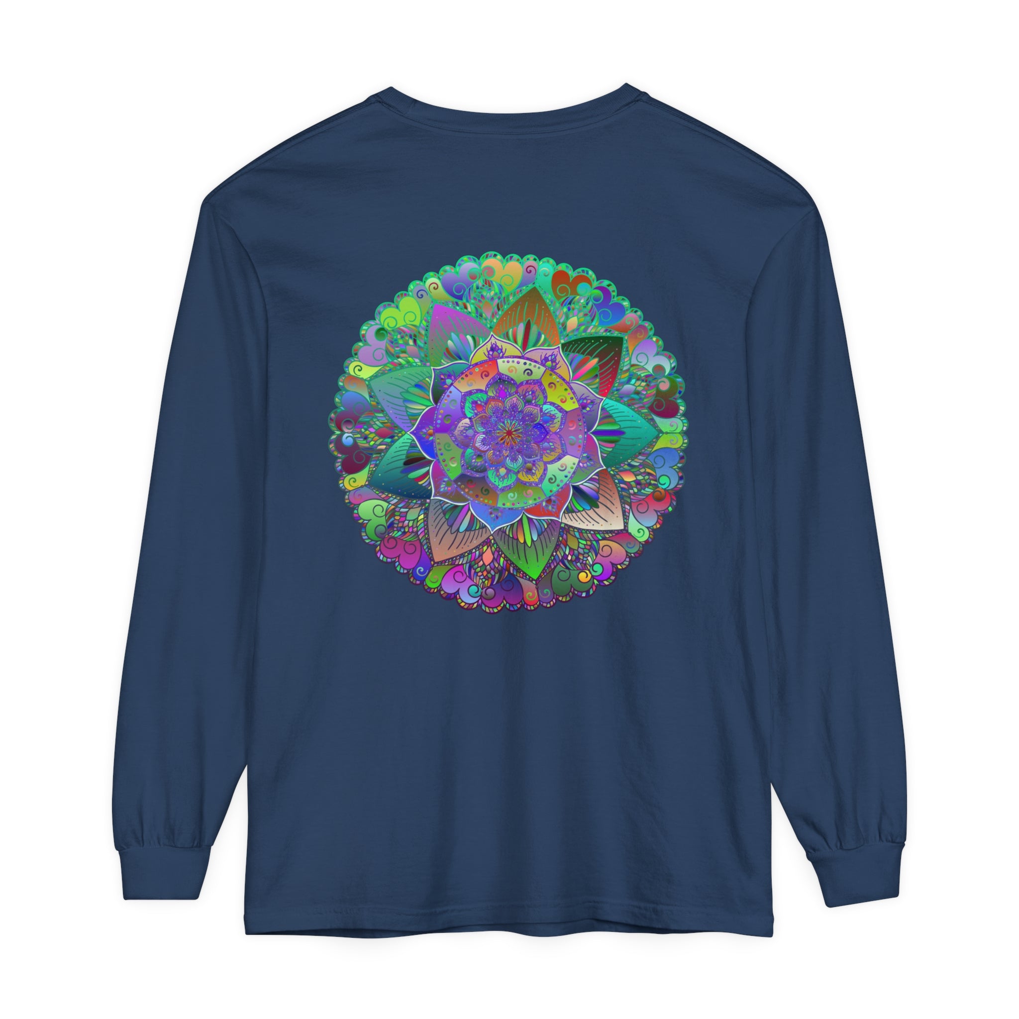 Colorful and intricate mandala design on long sleeve unisex t-shirt