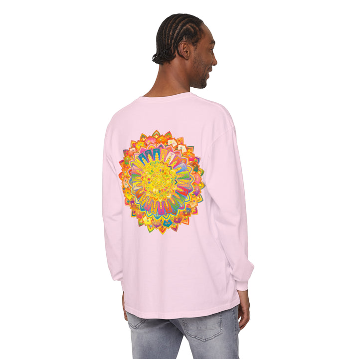 A detailed and colorful mandala design on a unisex long sleeve t-shirt