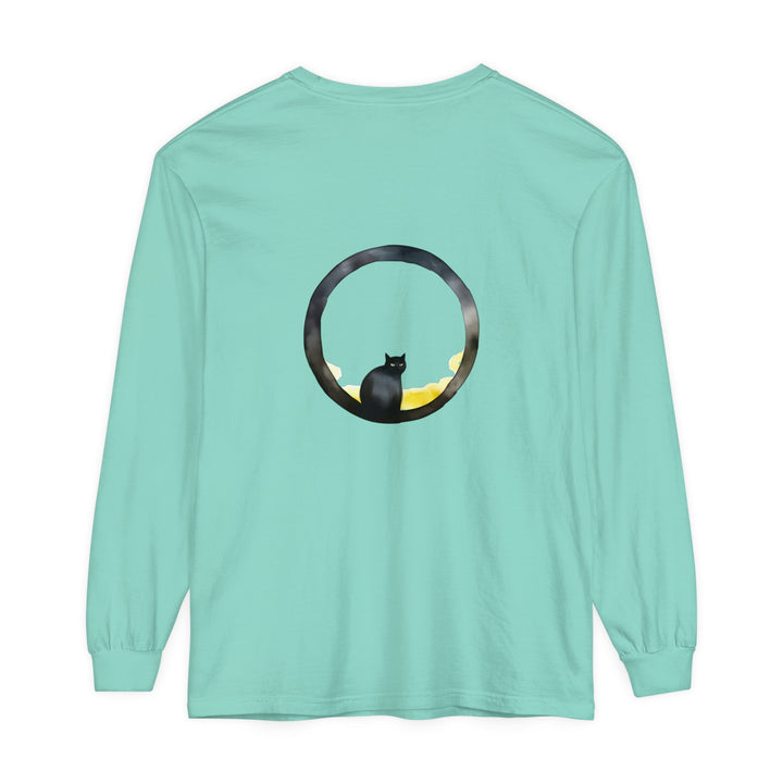 Black Cat Moon Glow Long Sleeve T-Shirt with glow in the dark moon and cat graphic design on a black background