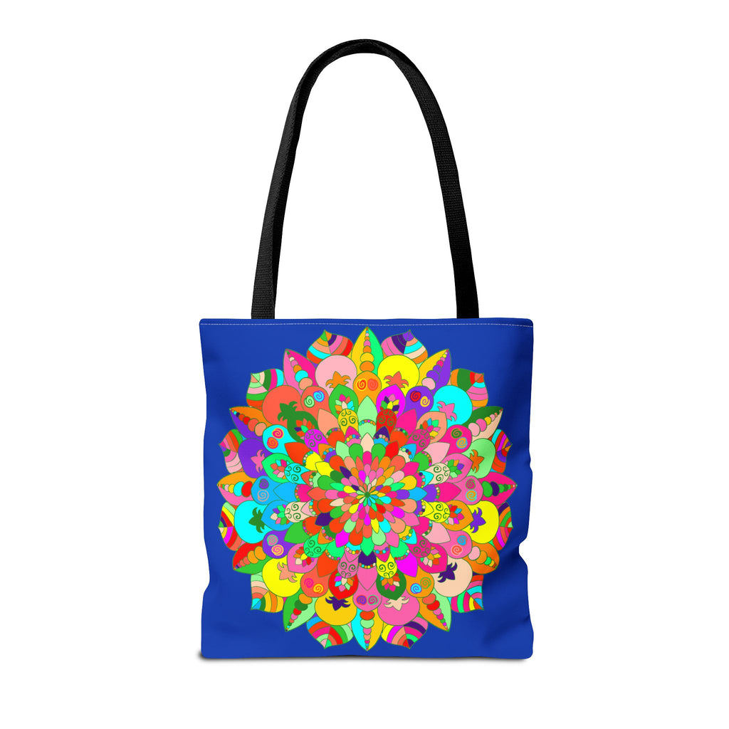 A dark blue tote bag featuring a colorful mandala art design