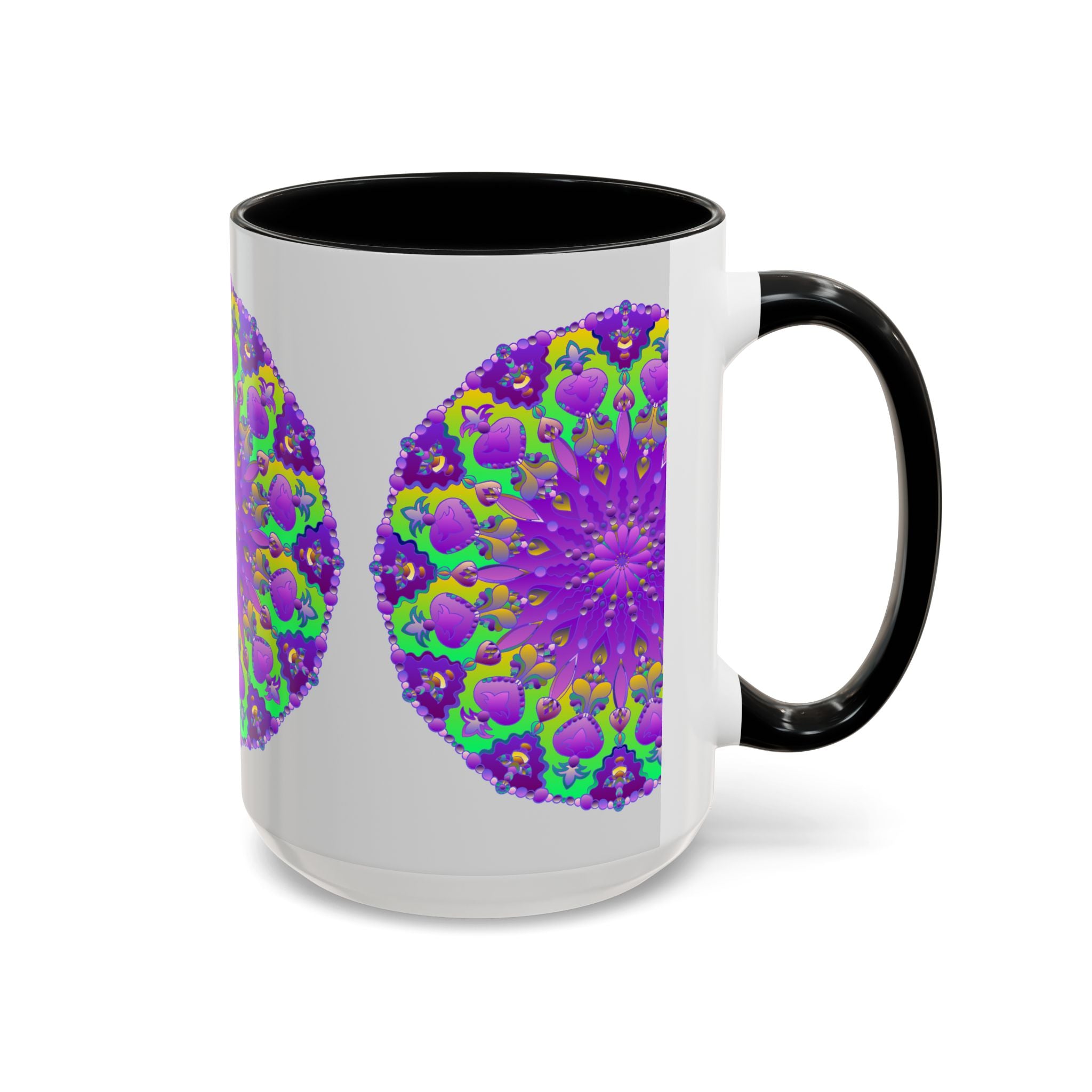 Beautiful purple mandala design on a grey ceramic mug, perfect for enjoying your favorite hot beverages in style