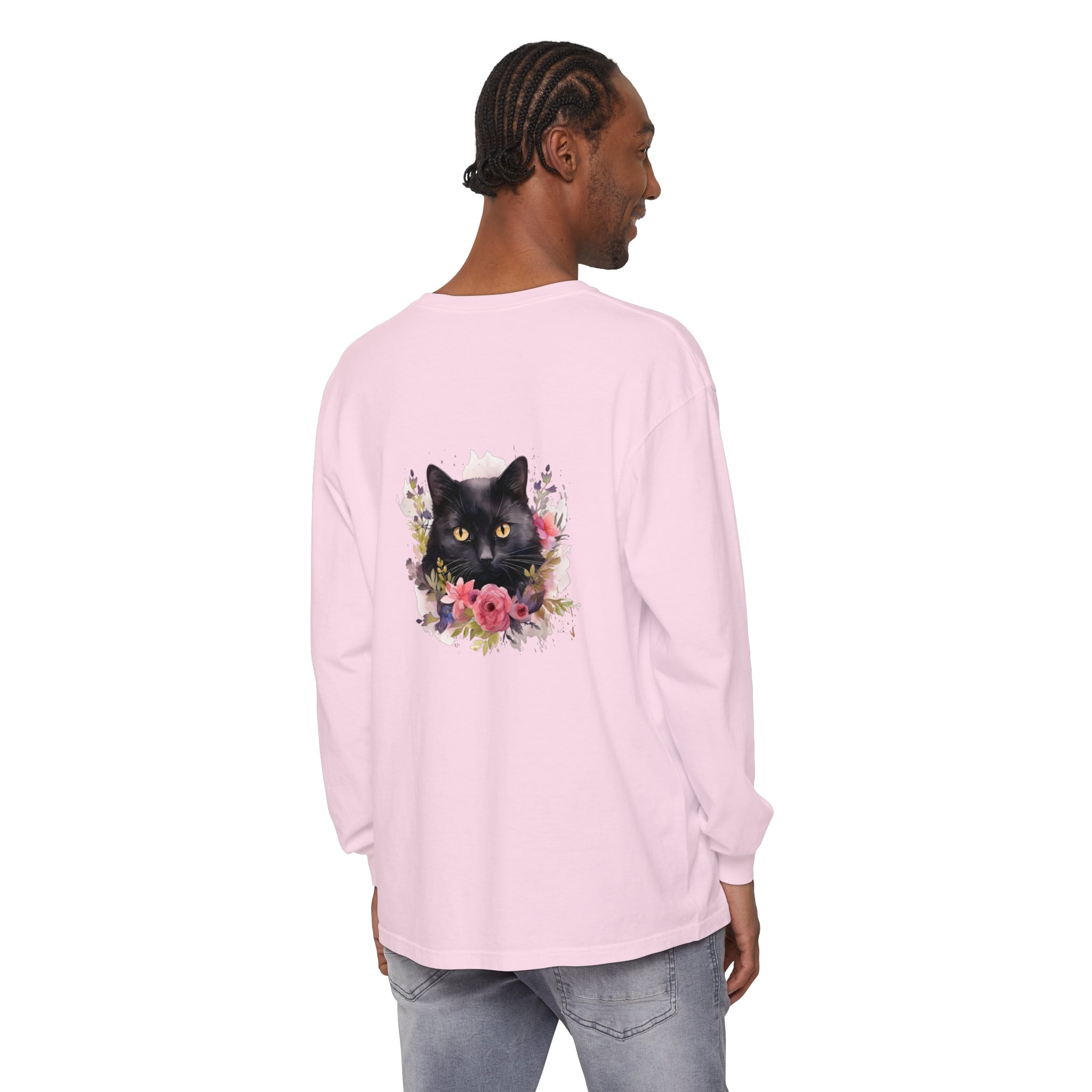 Long sleeve black t-shirt with watercolor floral design featuring a black cat