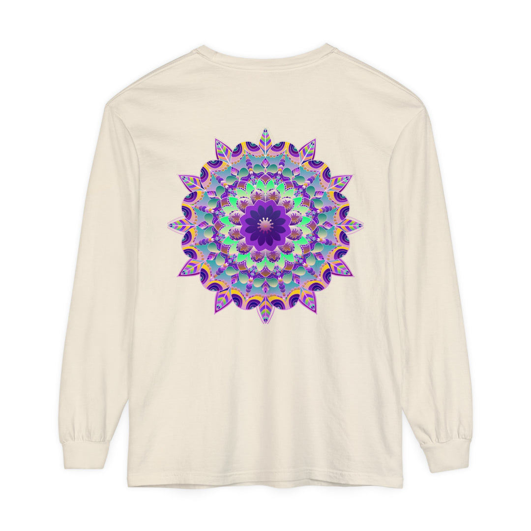 Colorful and intricate psychedelic mandala design on a long sleeve t-shirt