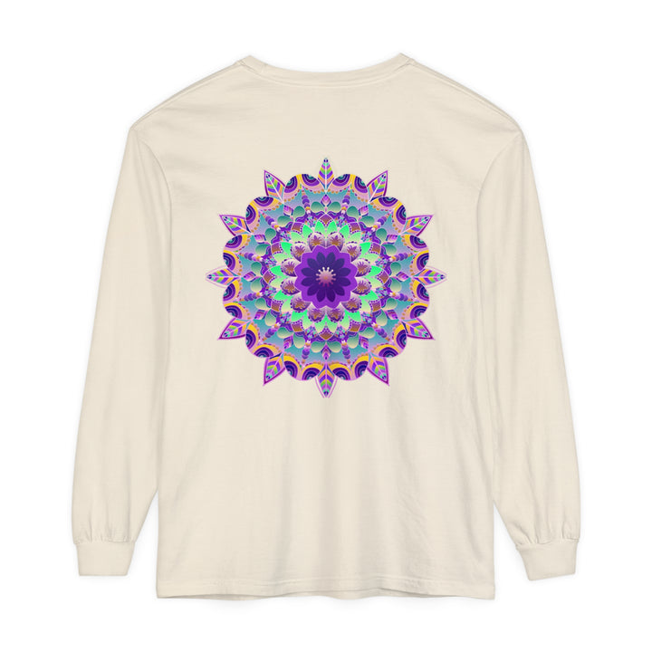 Colorful and intricate psychedelic mandala design on a long sleeve t-shirt