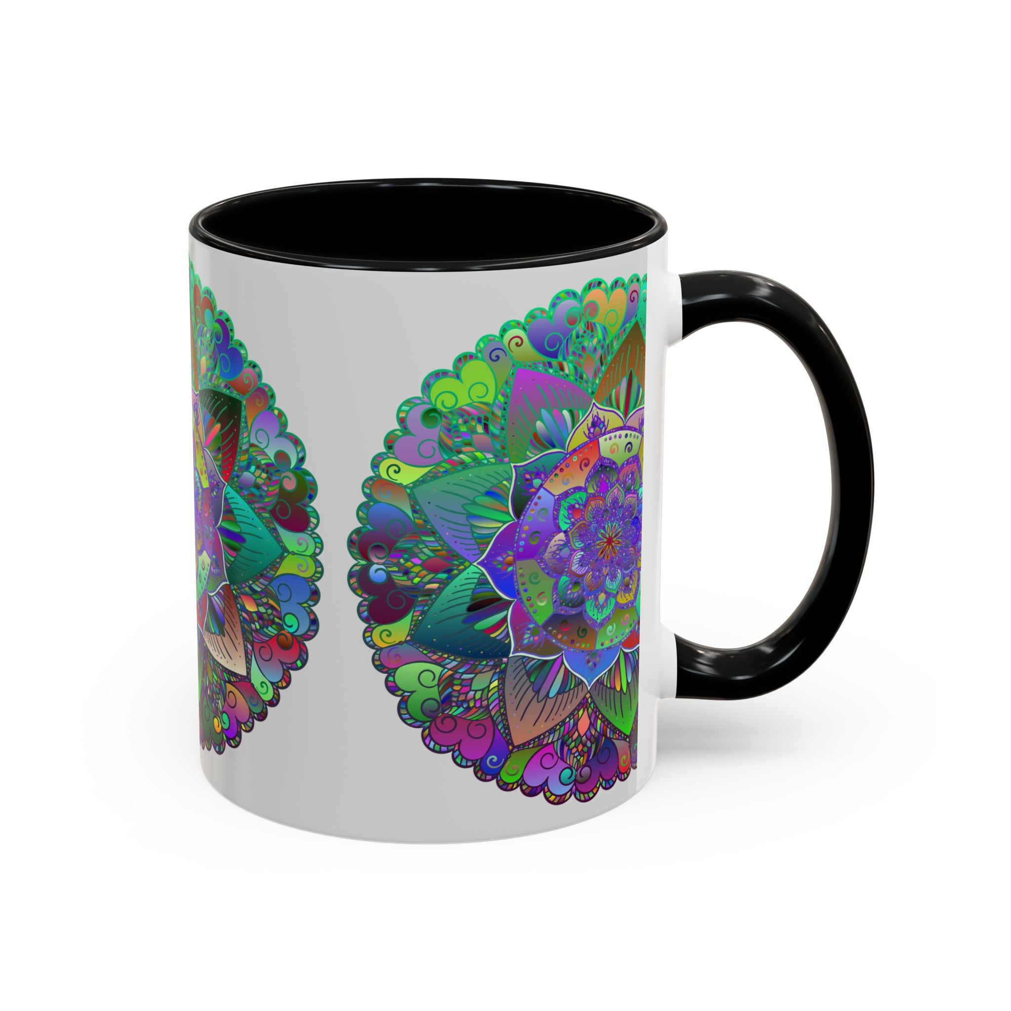 A beautiful ceramic mug featuring a colorful and intricate mandala art design