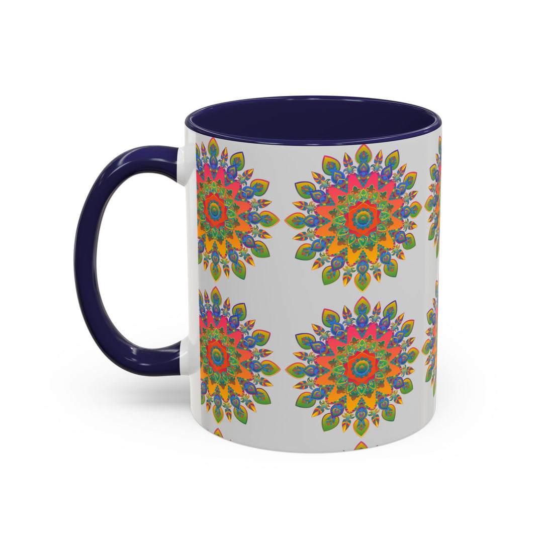 Colorful Mandala Mug featuring intricate and vibrant art on a grey background, perfect for adding a pop of color to your morning routine