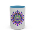 A close-up image of a vibrant mandala art mug with a colorful floral design