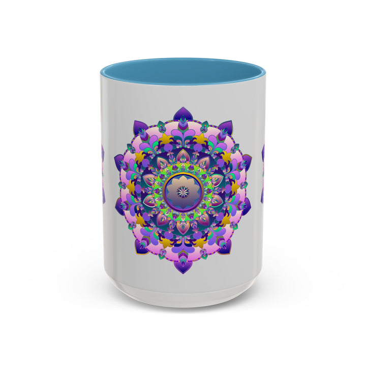 A close-up image of a vibrant mandala art mug with a colorful floral design