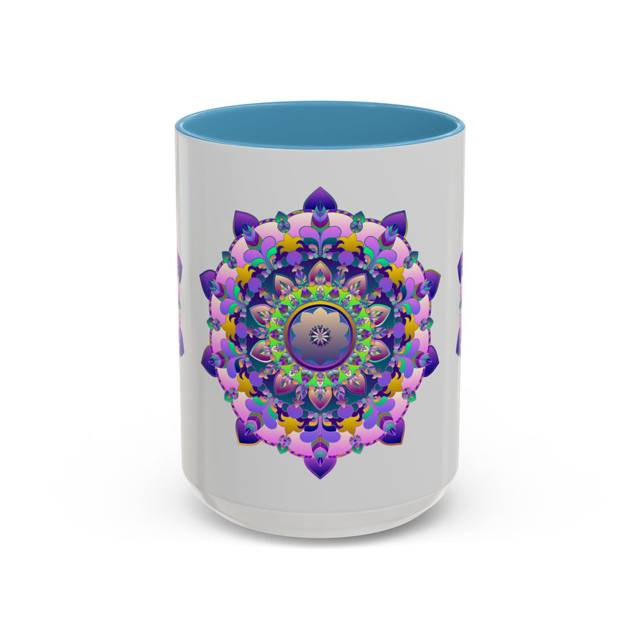 A close-up image of a vibrant mandala art mug with a colorful floral design