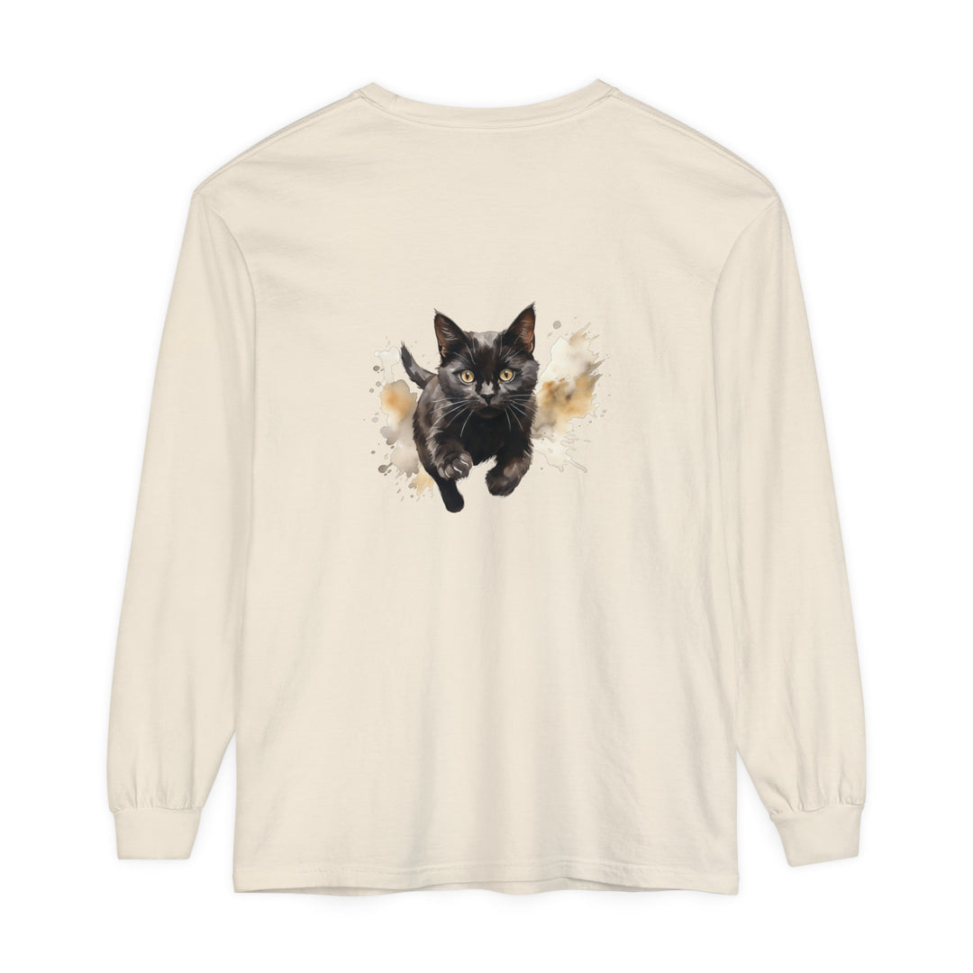 Black Cat Watercolor Sprint Unisex T-Shirt with vibrant watercolor design, perfect for cat lovers and art enthusiasts, available in all sizes