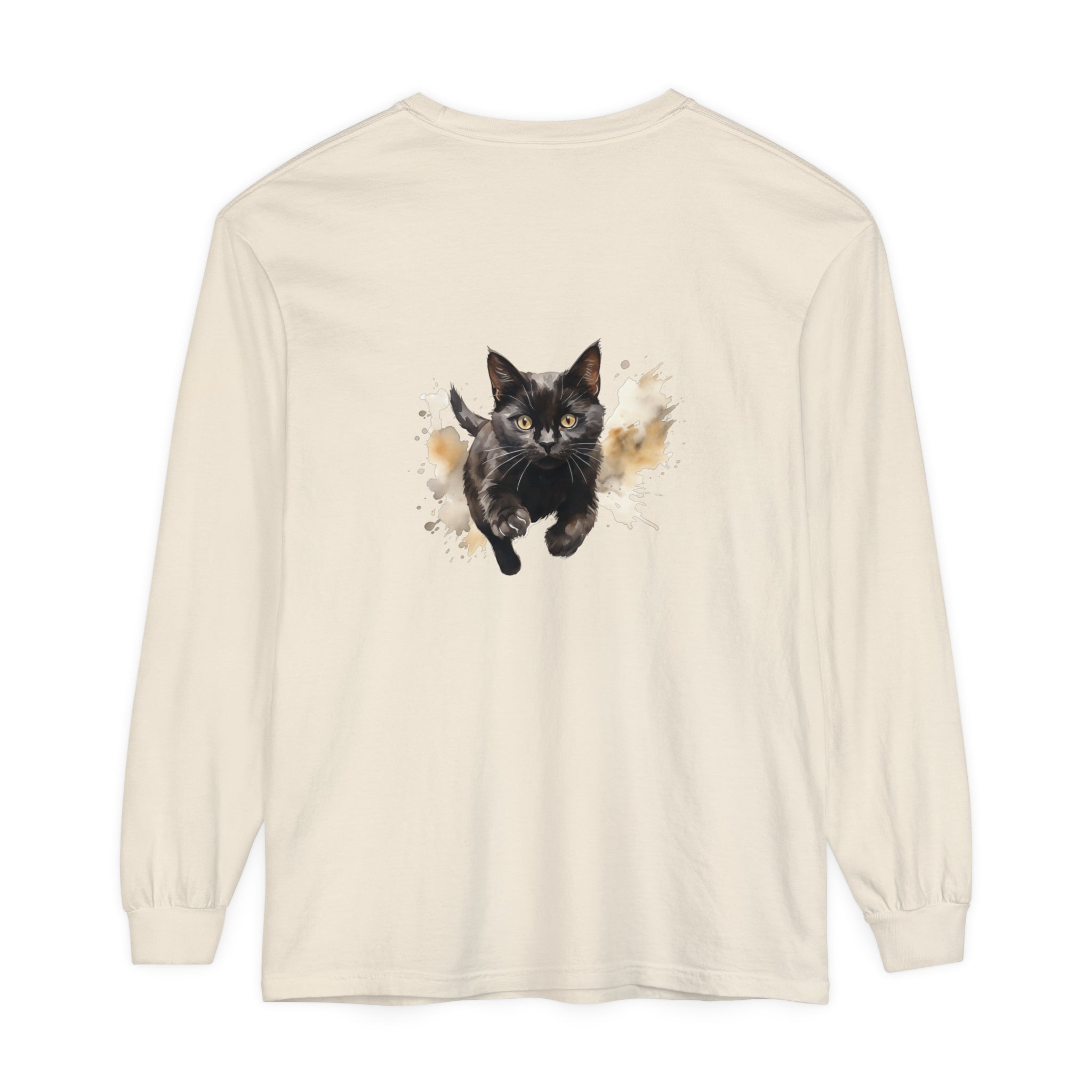 Black Cat Watercolor Sprint Unisex T-Shirt with vibrant watercolor design, perfect for cat lovers and art enthusiasts, available in all sizes