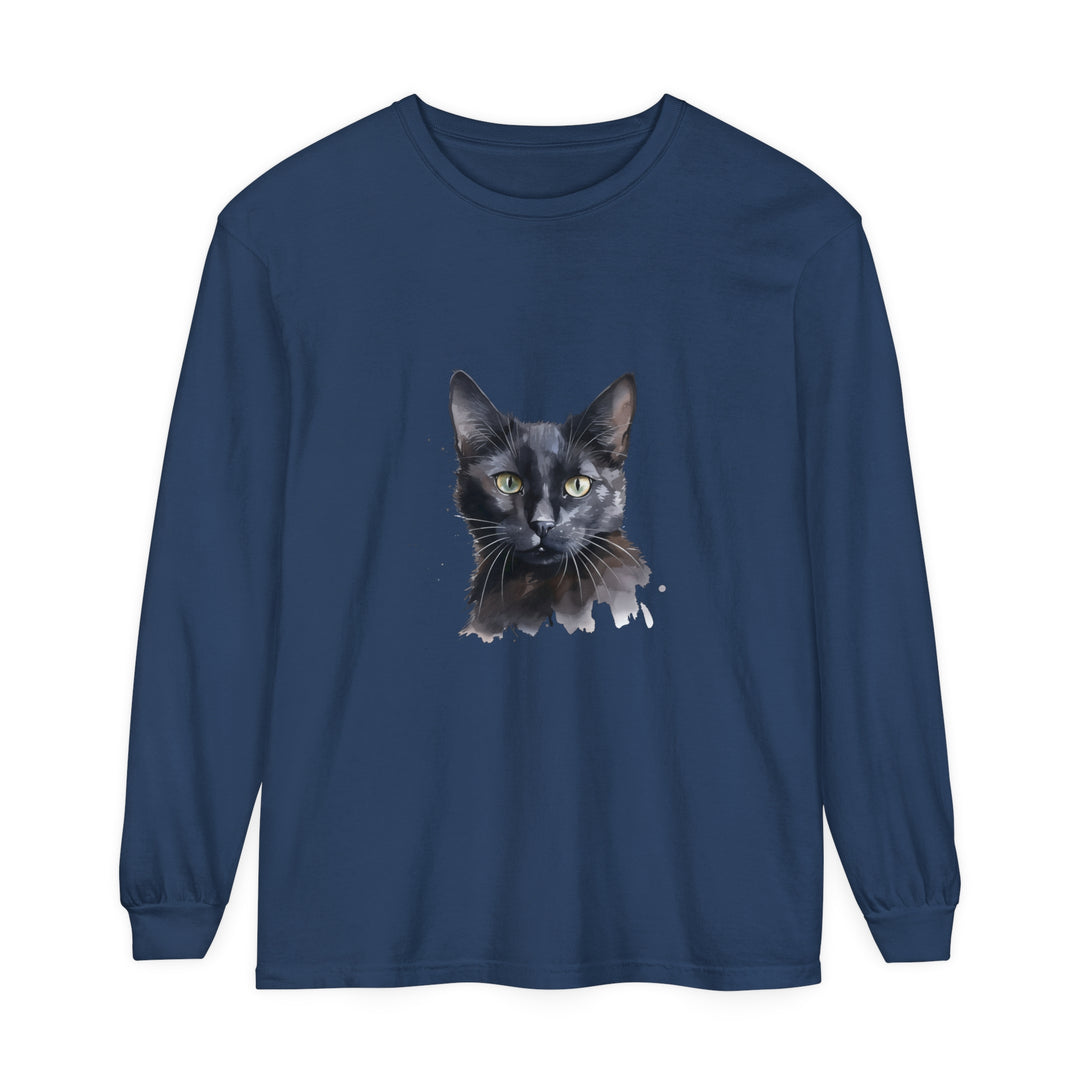 Beautiful black cat watercolor design on a long sleeve t-shirt