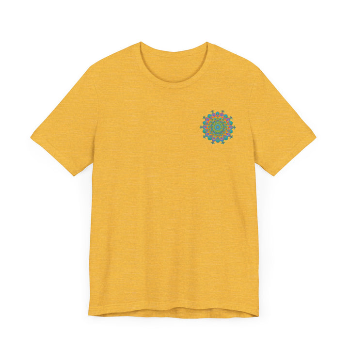 A colorful and intricate mandala design tee promoting spiritual peace and harmony