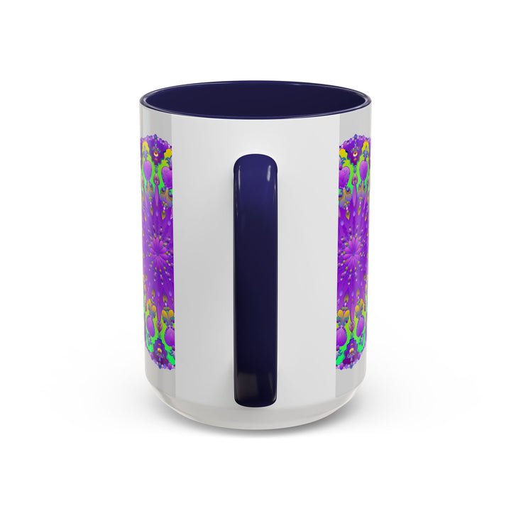 Beautiful purple mandala design adorning a grey ceramic mug with vibrant art