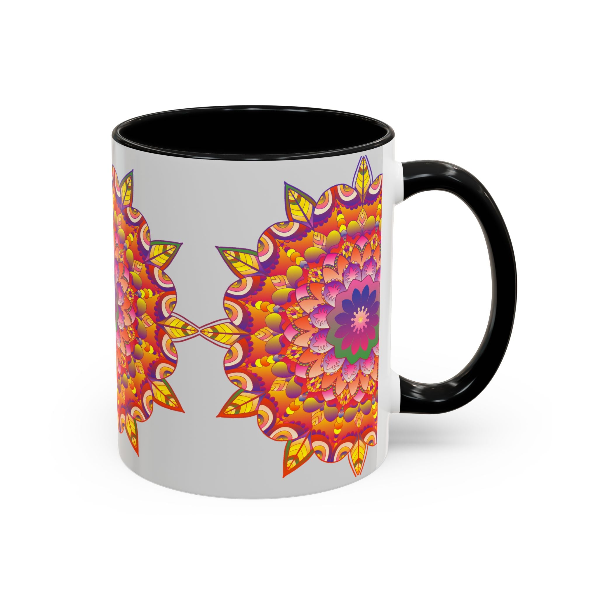 A colorful ceramic mug featuring a mandala art design with vibrant floral patterns