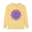 Beautiful purple and gold mandala design long sleeve t-shirt on white background