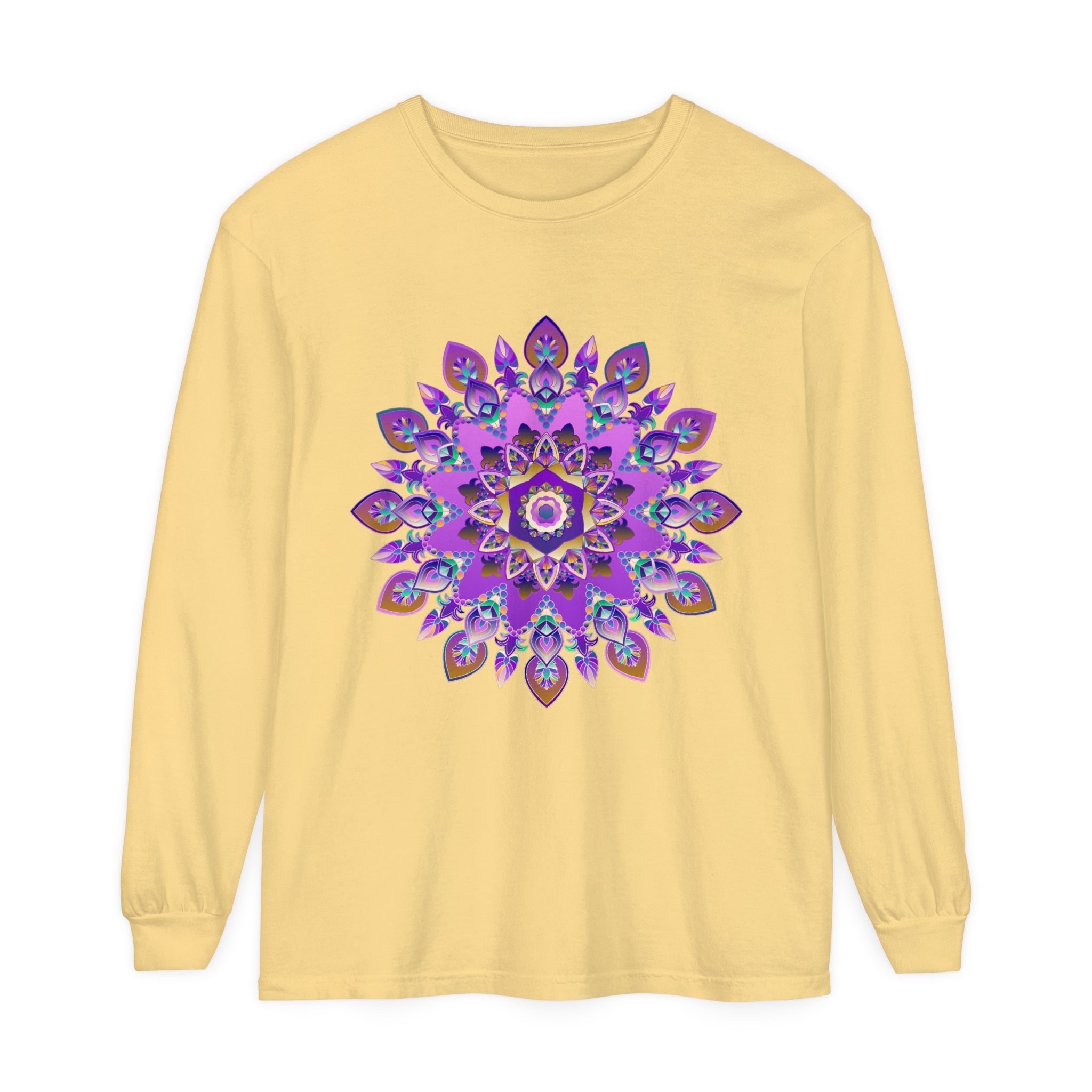 Beautiful purple and gold mandala design long sleeve t-shirt on white background