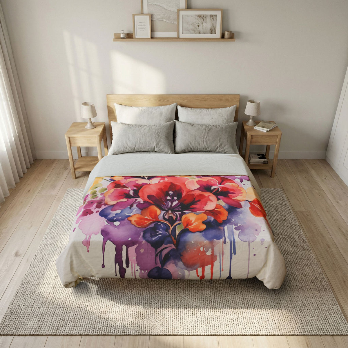 Watercolor Floral Duvet Cover – Vibrant Drip Bouquet Cotton Bedding