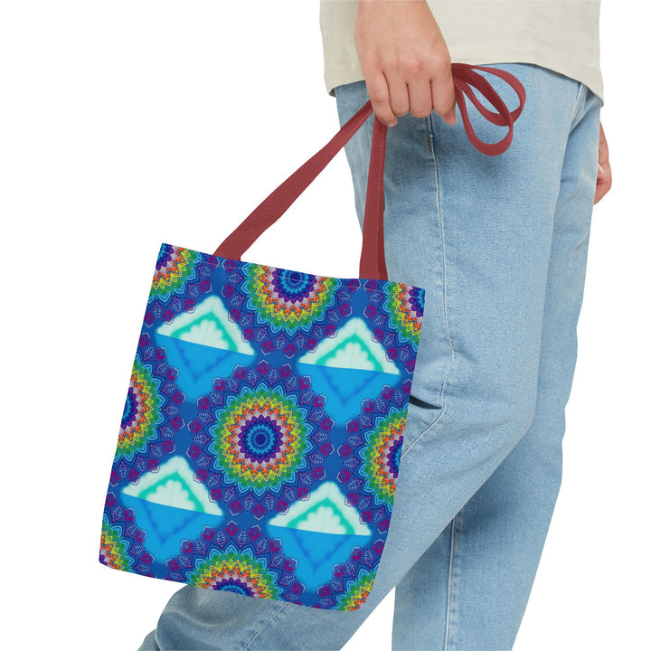 Vibrant and intricately designed colorful mandala tote bag with floral patterns