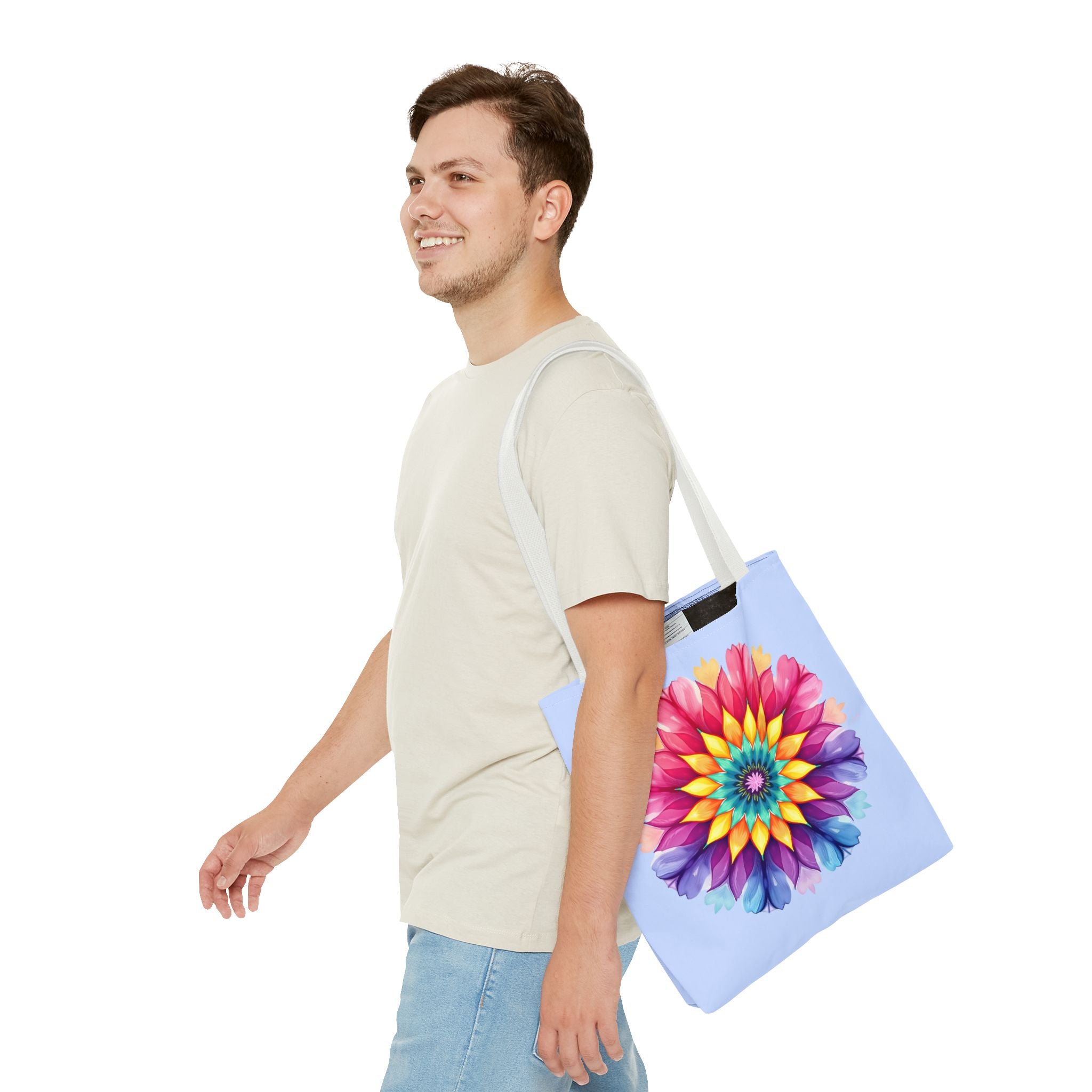 Colorful and intricate rainbow mandala tote bag with vibrant design and spacious interior