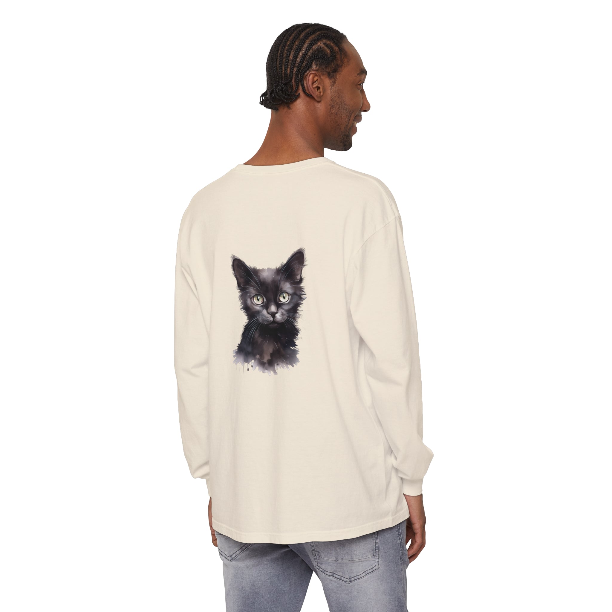 Black Cat Watercolor Long Sleeve T-Shirt with vibrant watercolor design