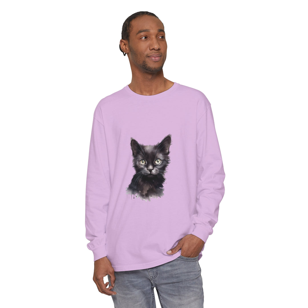 Black Cat Watercolor Long Sleeve T-Shirt on a white background, featuring a vibrant watercolor print of a black cat with green eyes and a playful expression, perfect for cat lovers and animal enthusiasts