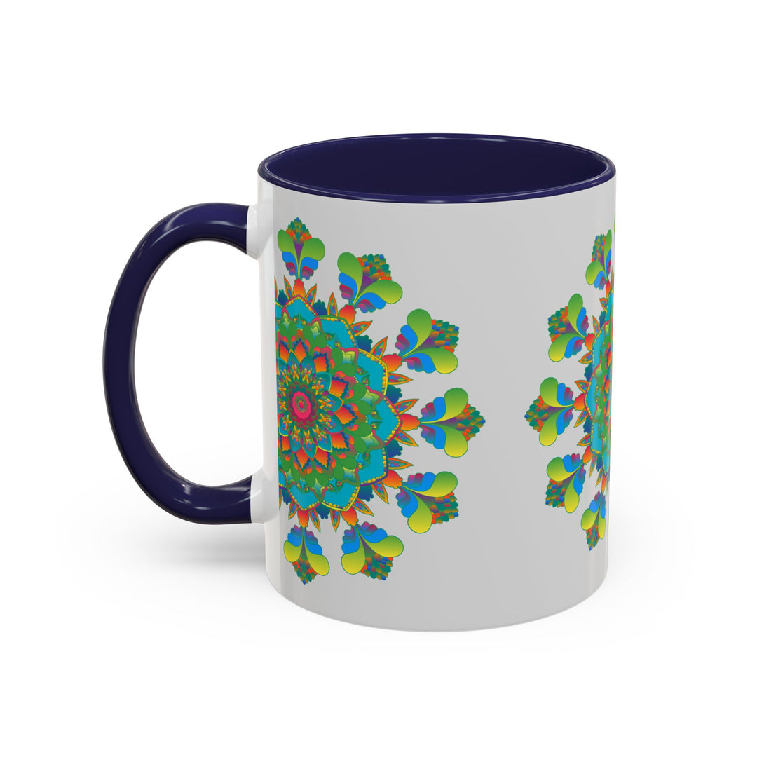 A beautiful mandala art mug with vibrant colors on a grey background