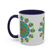 A beautiful mandala art mug with vibrant colors on a grey background