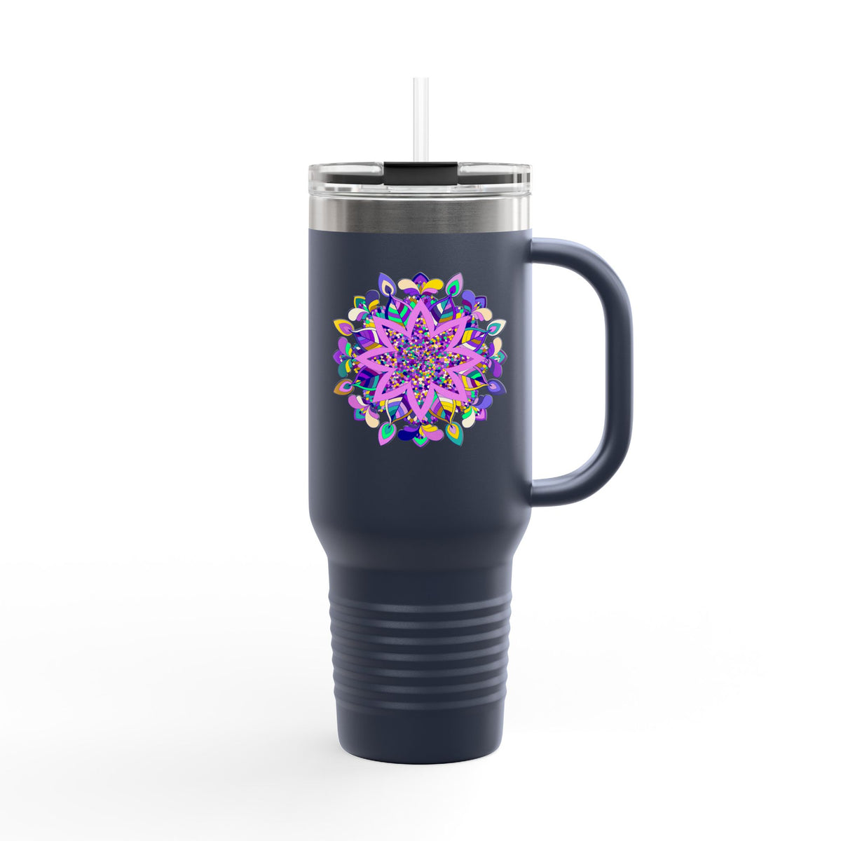 40oz Insulated Travel Mug — Purple Floral Mandala Design