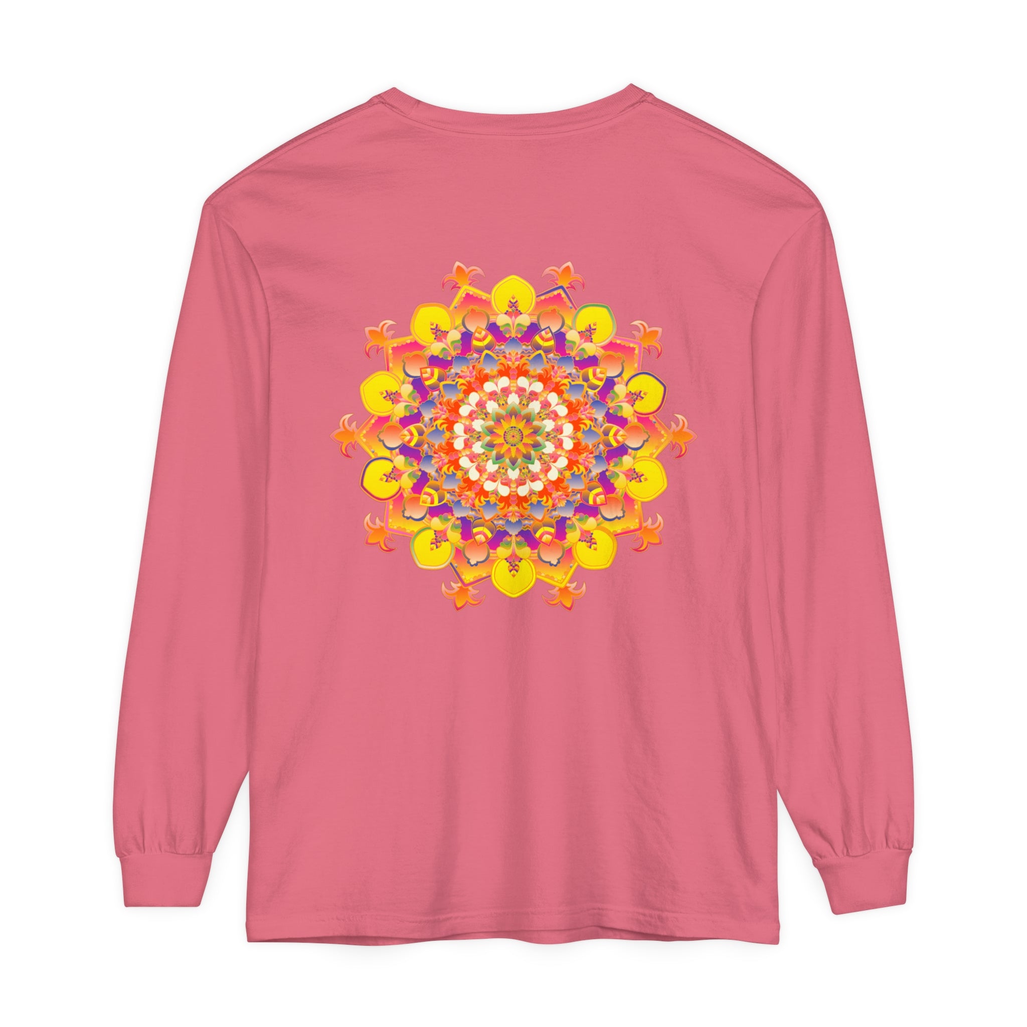 Colorful and intricate mandala design on a long sleeve unisex t-shirt