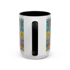 A colorful mandala art mug featuring vibrant yellow, orange, and blue designs
