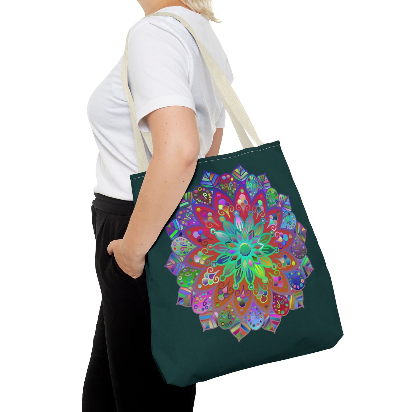 Large dark green tote bag with a striking and vibrant mandala pattern