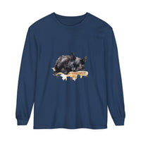 A stylish and charming watercolor illustration of a black cat sleeping on a t-shirt